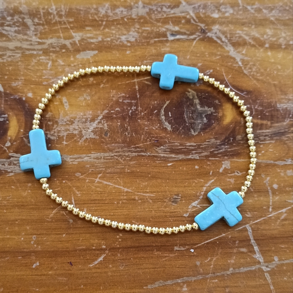 New Sundance "FAITH IN GOD"  Copper Glass Beads & Turquoise Cross Bracelet